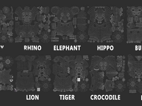 10 Wild Animals Cartoon - Topology Uv Map 3D Modell