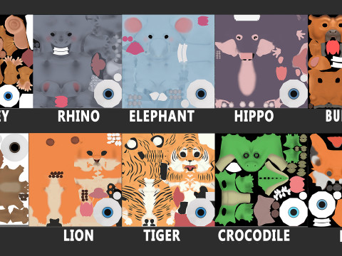 10 Wild Animals Cartoon - Topology Uv Map 3D Modell