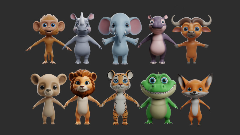 10 Wild Animals Cartoon - Topology Uv Map 3D Modell .c4d .max .obj .3ds .fbx .stl .blend