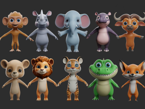10 Wild Animals Cartoon - Topology Uv Map 3D 모델