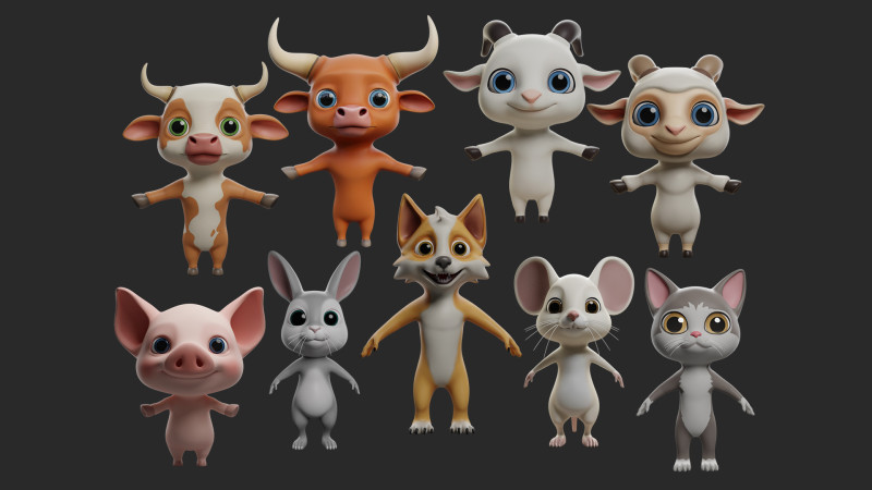 9 Domestic Animals Cartoon - Topology Uv Map 3D Modell .c4d .max .obj .3ds .fbx .stl .blend