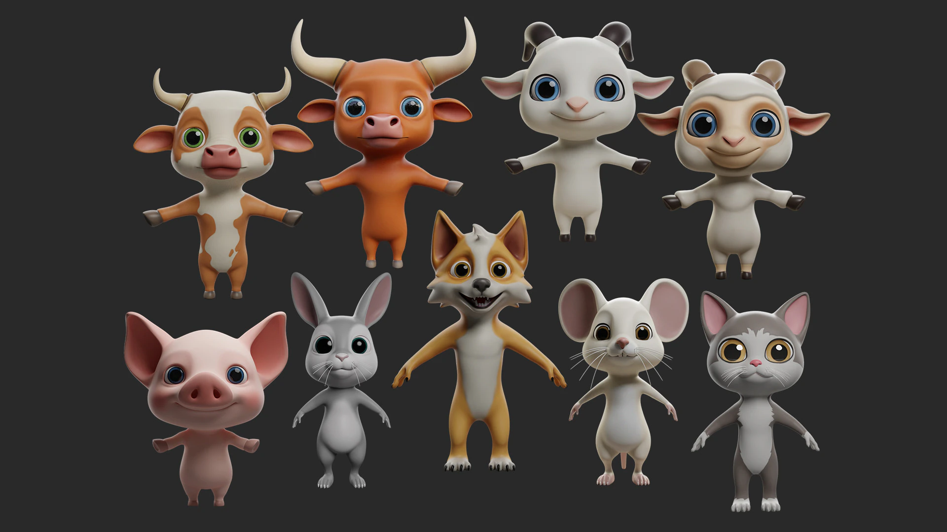 9 Domestic Animals Cartoon - Topology Uv Map 3D Model .c4d .max .obj .3ds .fbx .stl .blend 