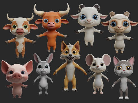 9 Domestic Animals Cartoon - Topology Uv Map 3D 모델