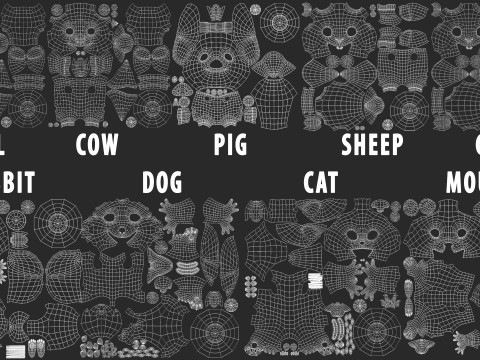 9 Domestic Animals Cartoon - Topology Uv Map 3D Modell