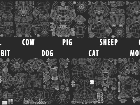 9 Domestic Animals Cartoon - Topology Uv Map 3D Model