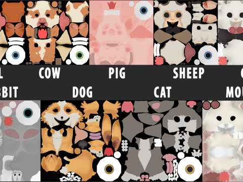 9 Domestic Animals Cartoon - Topology Uv Map 3D Model