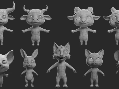 9 Domestic Animals Cartoon - Topology Uv Map 3D Model