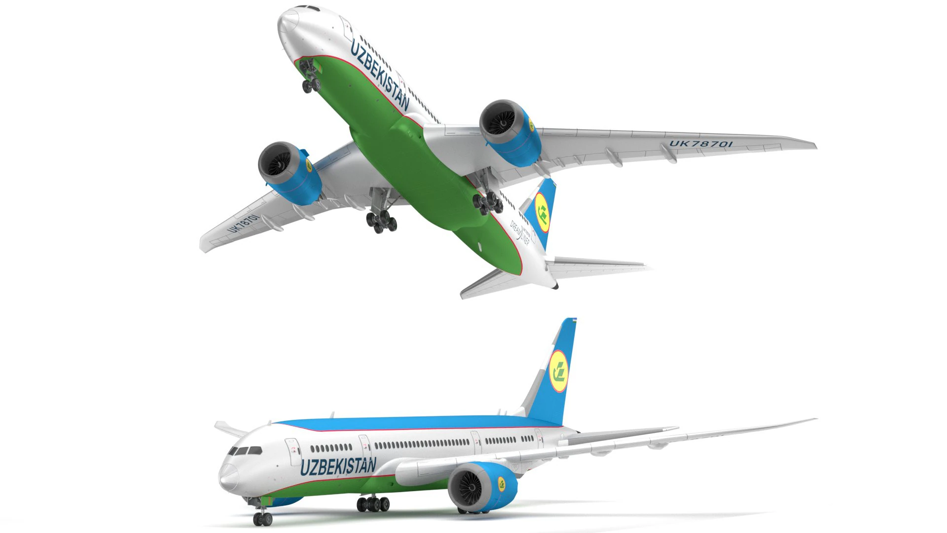 Aereo passeggeri Boeing 787-8 della Uzbekistan Airways Modello 3D .c4d .max .obj .3ds .fbx .stl .blend 