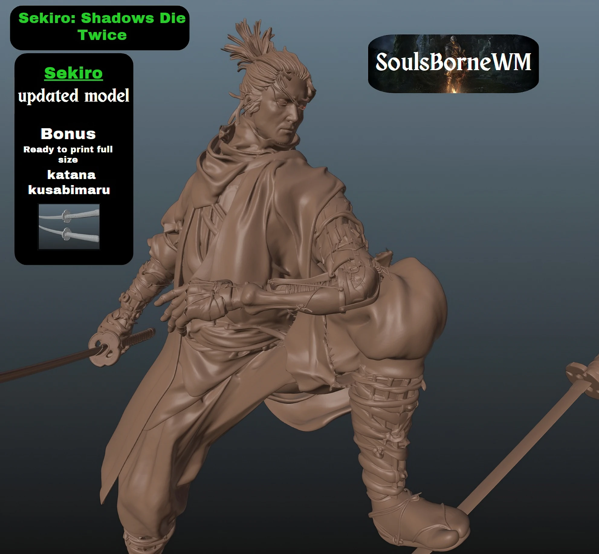 Sekiro Sekiro Shadows Die Twice V2 or three or 4 or a thousand 3D Print Model .c4d .max .obj .3ds .fbx .stl .blend