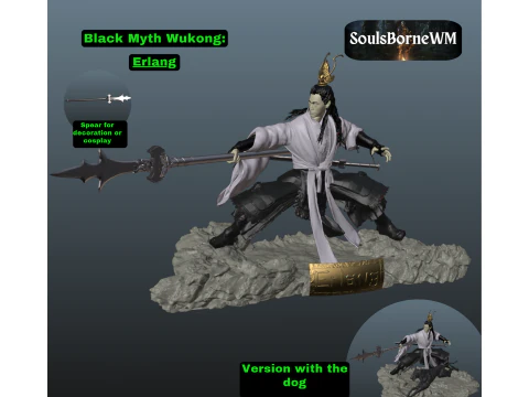 Erlang - 검은 신화 Wukong Stl With Dog 3D 프린트 모델