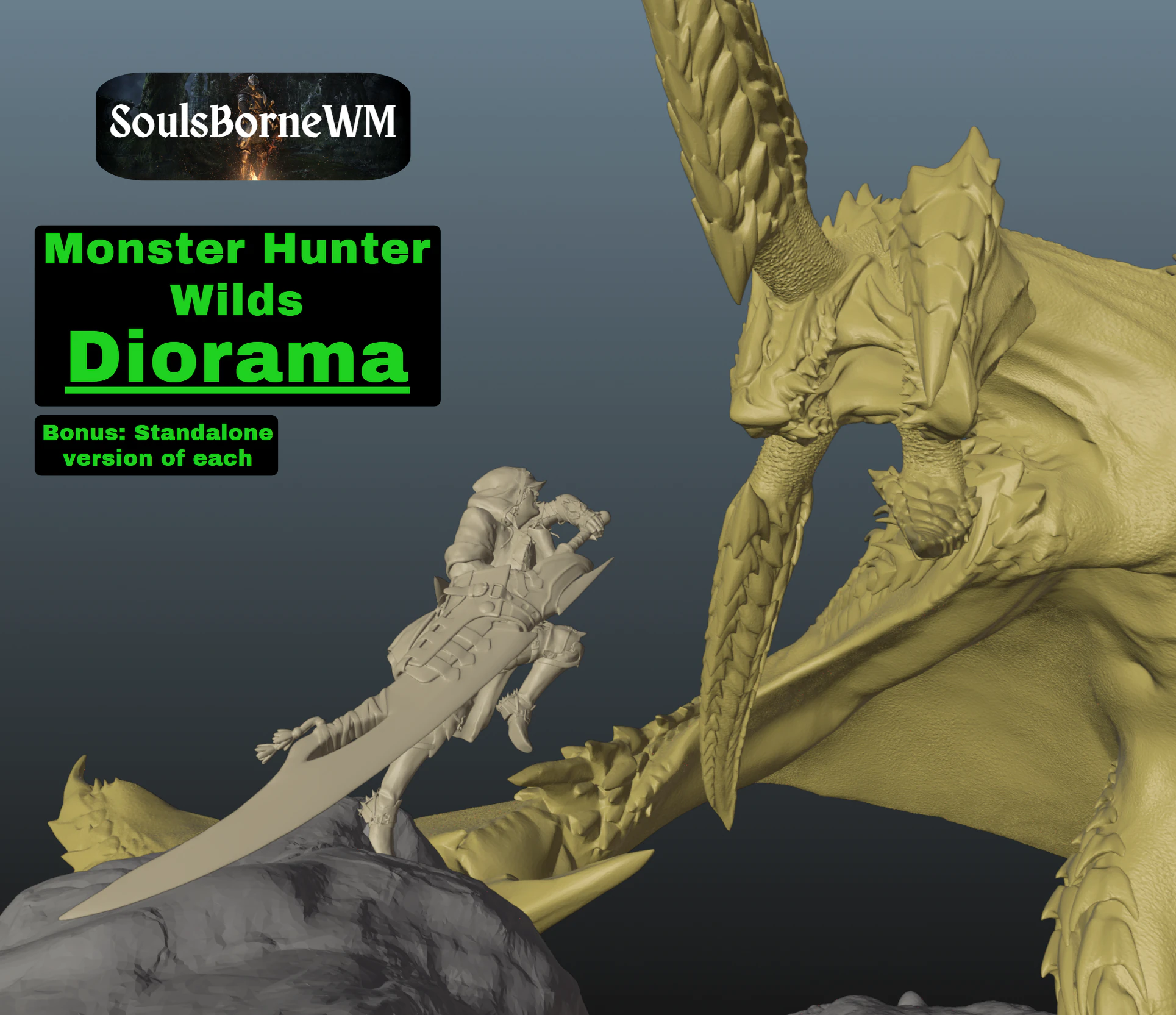 Monster Hunter Wilds Rey Dau vs Hunter 3D Print Model .c4d .max .obj .3ds .fbx .stl .blend 
