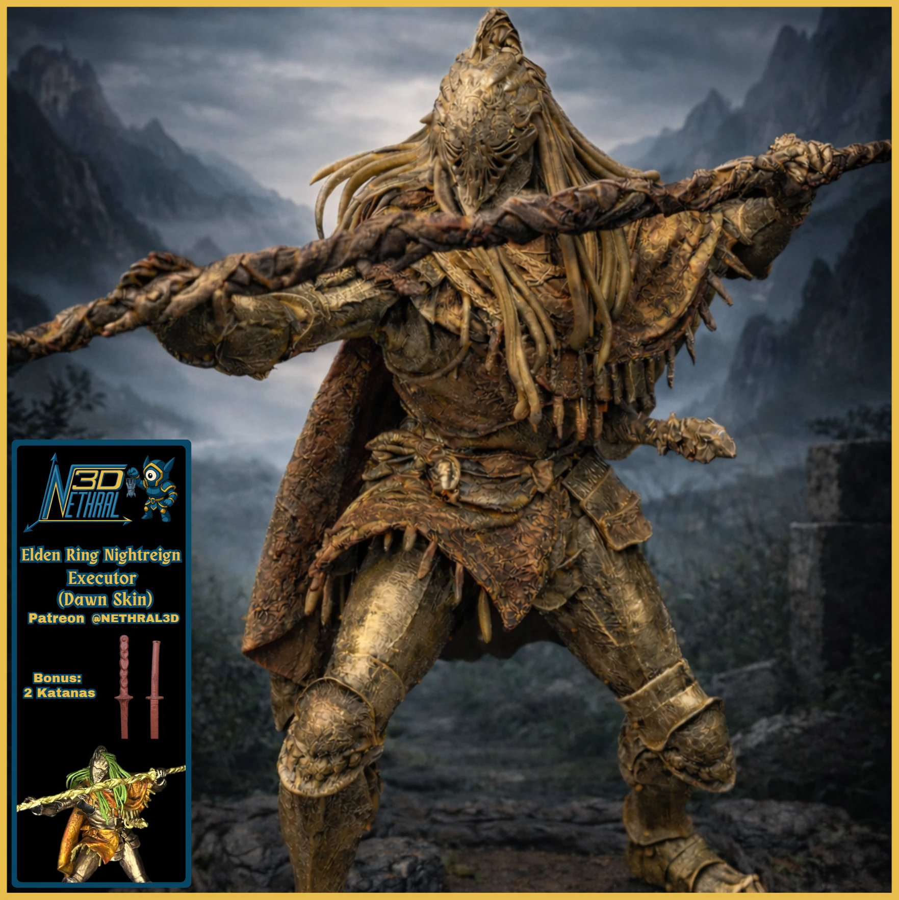 Elden Ring Nightreign Executor Dawn Skin Bonus 2 katanas 3D Print Model .c4d .max .obj .3ds .fbx .stl .blend 