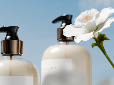 Facial Cleanser Flowers In The Wood Grain Scene Of E-Commerce Products 3D Model