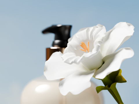 Facial Cleanser Flowers In The Wood Grain Scene Of E-Commerce Products 3D Model