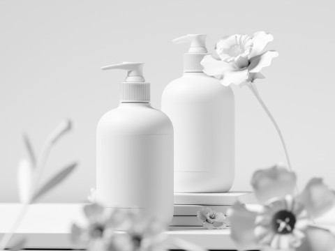Facial Cleanser Flowers In The Wood Grain Scene Of E-Commerce Products 3D Model