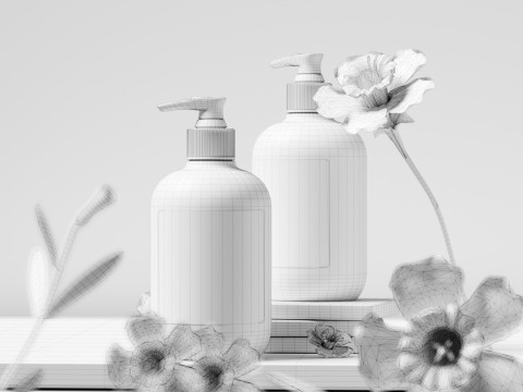 Facial Cleanser Flowers In The Wood Grain Scene Of E-Commerce Products 3D Model