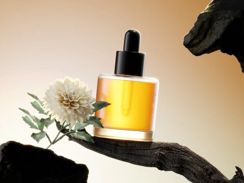 ई-कॉमर्स उत्पाद ब्लेंडर के लिए शाखा आवश्यक तेल के दृश्य में फूल 3D मॉडल