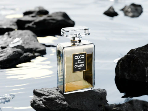 पत्थरों और लेक सरफेस ब्लेंडर 3डी के साथ ई-कॉमर्स उत्पादों के लिए इत्र का दृश्य 3D मॉडल