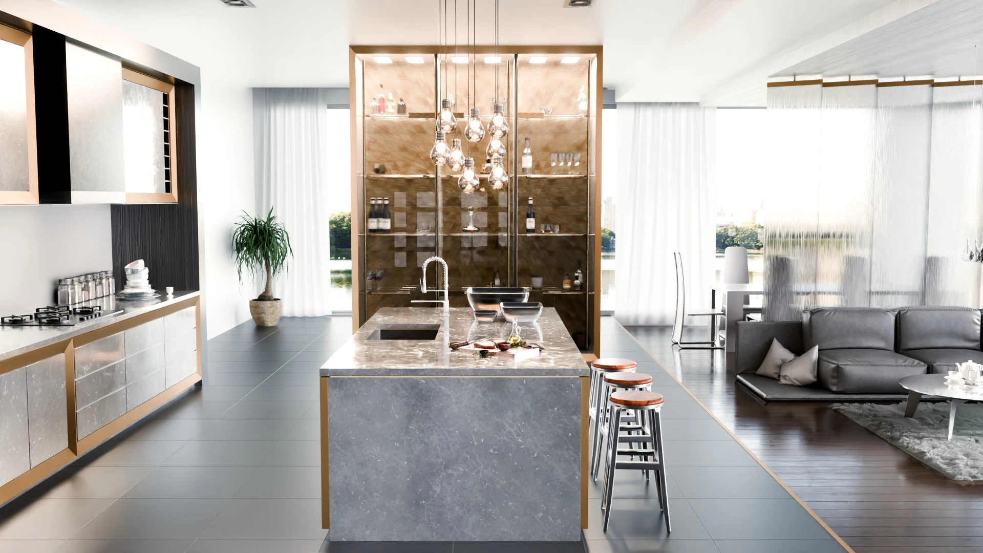 Modern Living Room Kitchen2 Blender3D 3D Model .c4d .max .obj .3ds .fbx .stl .blend 