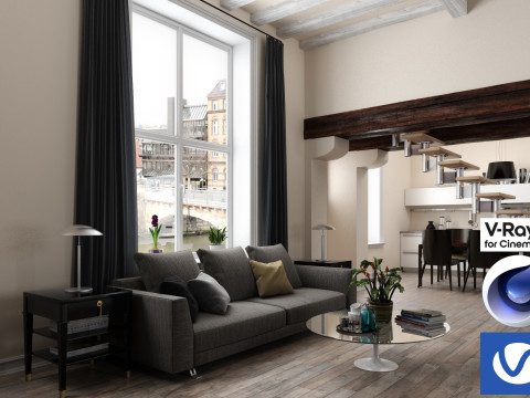 Living room and Kitchen 01 Vray6 - C4D 3D Model