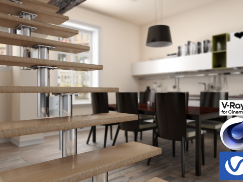 Living room and Kitchen 01 Vray6 - C4D Model 3D