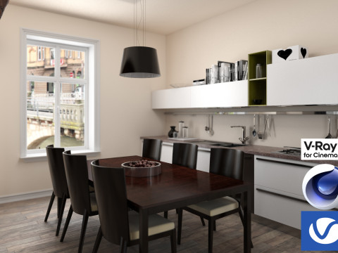 Living room and Kitchen 01 Vray6 - C4D Model 3D