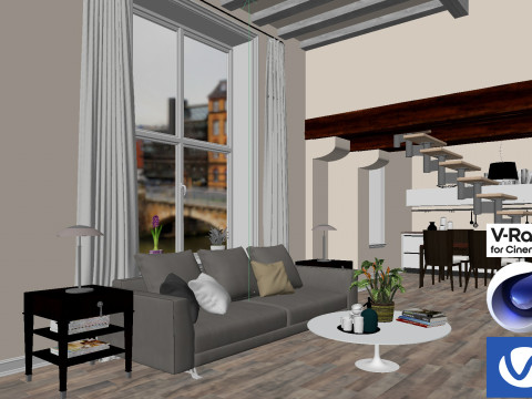 Living room and Kitchen 01 Vray6 - C4D Model 3D
