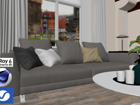 Living room and Kitchen 01 Vray6 - C4D Model 3D