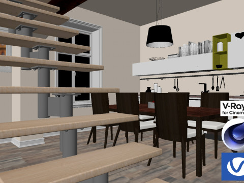 Living room and Kitchen 01 Vray6 - C4D Model 3D