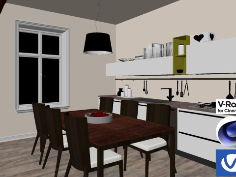Living room and Kitchen 01 Vray6 - C4D Model 3D