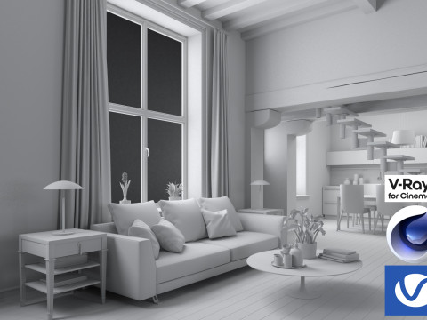 Living room and Kitchen 01 Vray6 - C4D Model 3D
