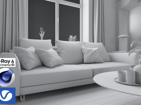 Living room and Kitchen 01 Vray6 - C4D Model 3D