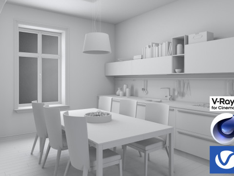Living room and Kitchen 01 Vray6 - C4D Model 3D