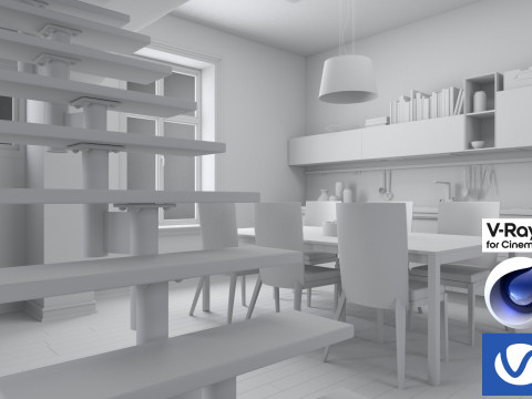 Living room and Kitchen 01 Vray6 - C4D Model 3D