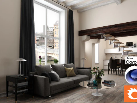 Living room and Kitchen 01 Corona - C4D 3D Model