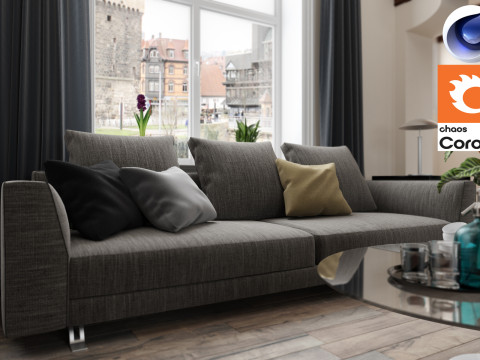 Living room and Kitchen 01 Corona - C4D Modèle 3D