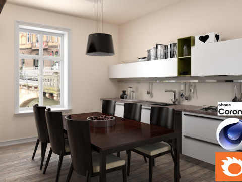 Living room and Kitchen 01 Corona - C4D Modèle 3D