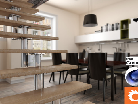 Living room and Kitchen 01 Corona - C4D Modèle 3D