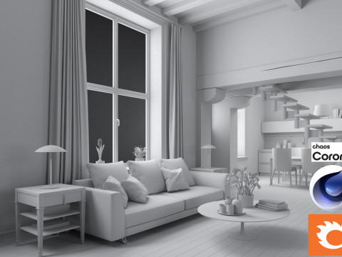 Living room and Kitchen 01 Corona - C4D Modèle 3D