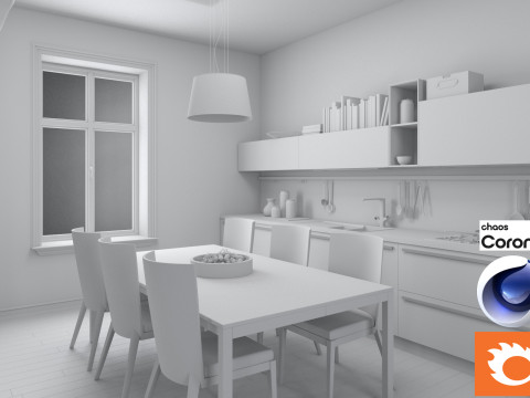 Living room and Kitchen 01 Corona - C4D Modèle 3D