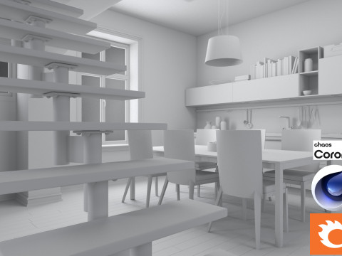 Living room and Kitchen 01 Corona - C4D Modèle 3D