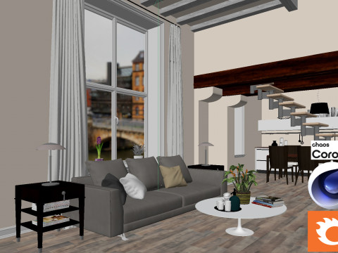 Living room and Kitchen 01 Corona - C4D Modèle 3D