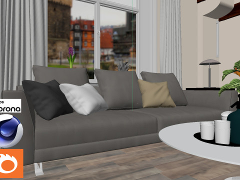 Living room and Kitchen 01 Corona - C4D Modèle 3D