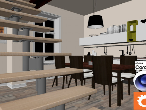 Living room and Kitchen 01 Corona - C4D Modèle 3D