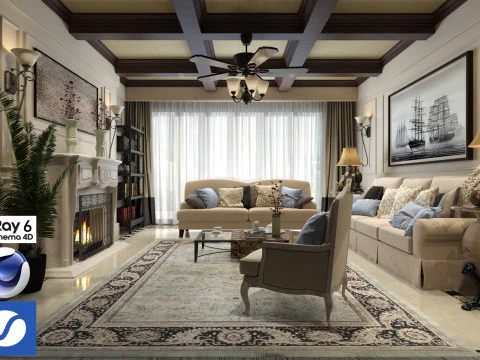 Pokój dzienny 07 Vray6 - C4D Model 3D