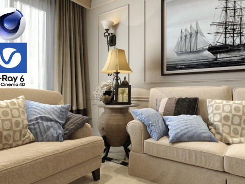 Living room 07 Vray6 - C4D 3D Модель