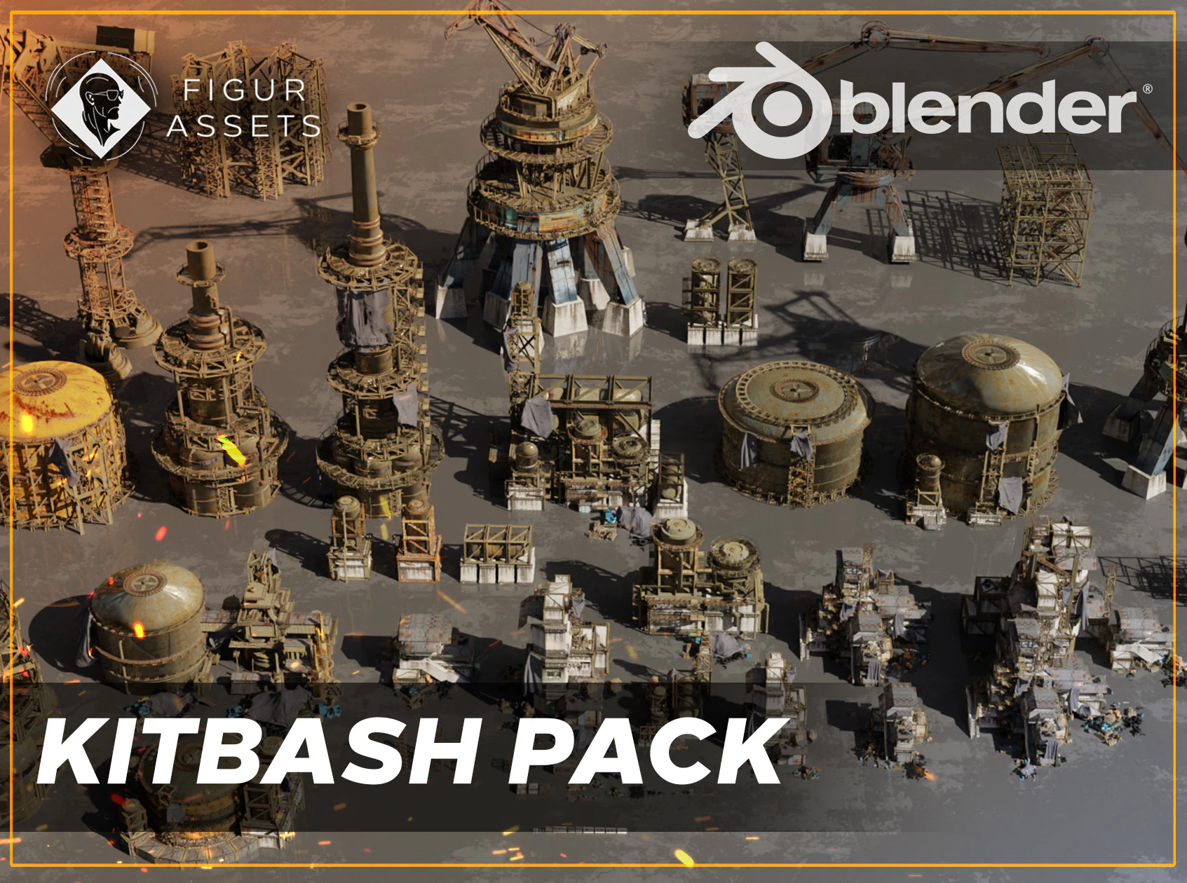 Industrial dystopian city - Kitbash Set - Kitbash Asset Pack 3D Model .c4d .max .obj .3ds .fbx .stl .blend 