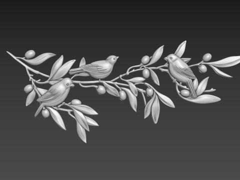 Olive branch with birds 3D Model