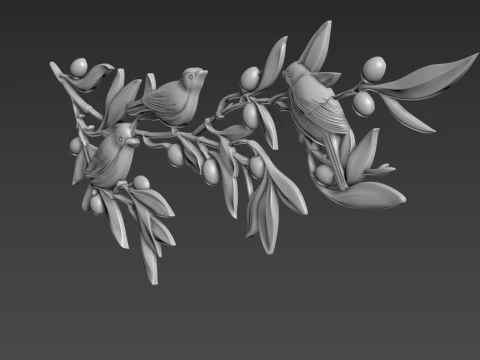 Olive branch with birds 3D Model
