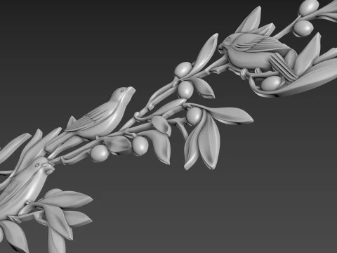 Olive branch with birds 3D Model
